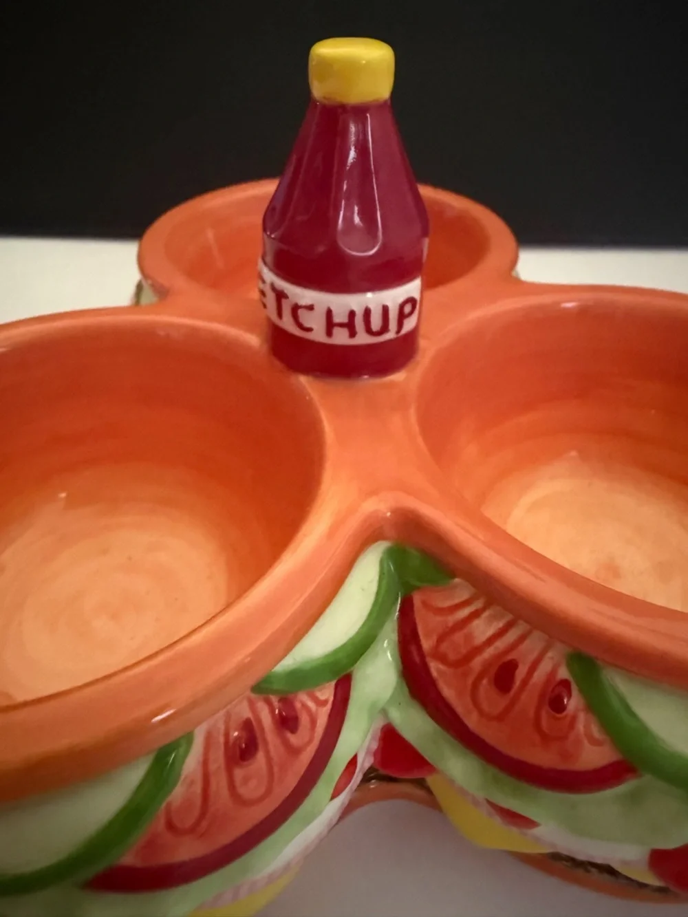 Ceramic Triple Dip Server Dish Cheeseburger with Ketchup Bottle